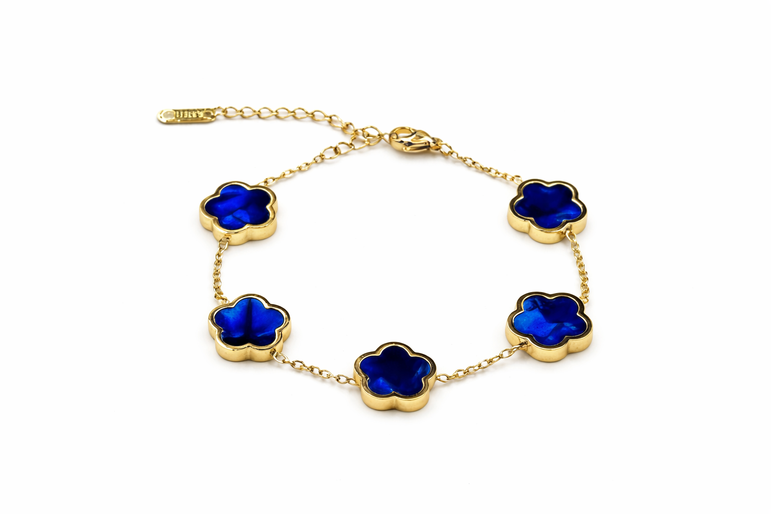 Gold bracelet with blue flower-shaped charms on a white background