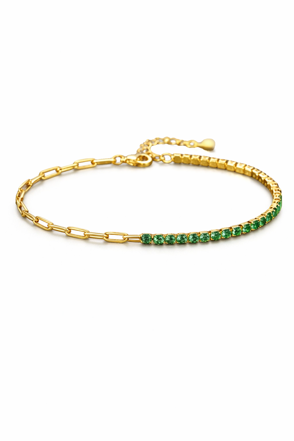 Gold bracelet with green gemstones on a white background