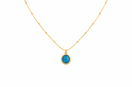 Gold necklace with a blue pendant on a white background