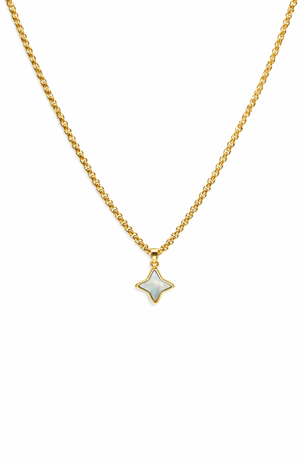 Gold necklace with a star-shaped pendant on a white background