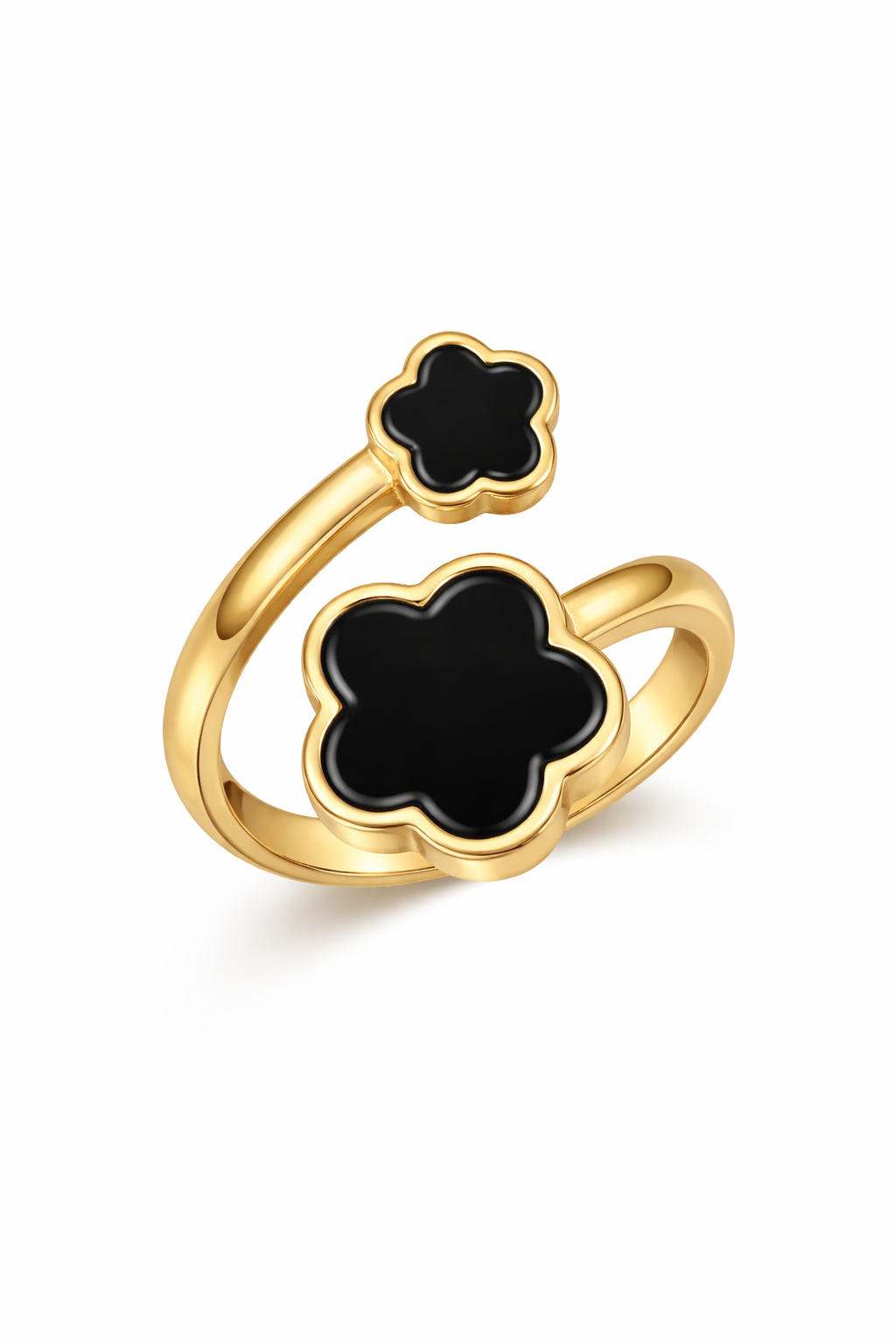 Gold ring with black clover-shaped stones on a white background