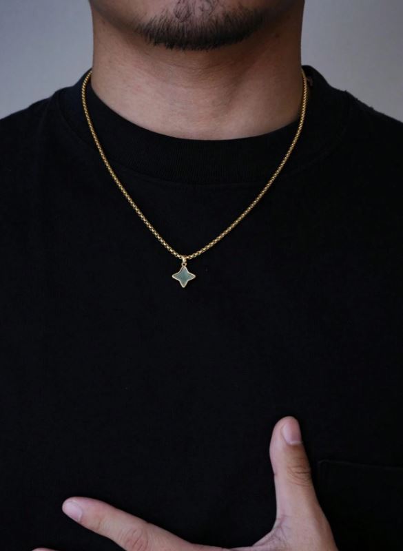 Person wearing a gold necklace with a star pendant against a dark background