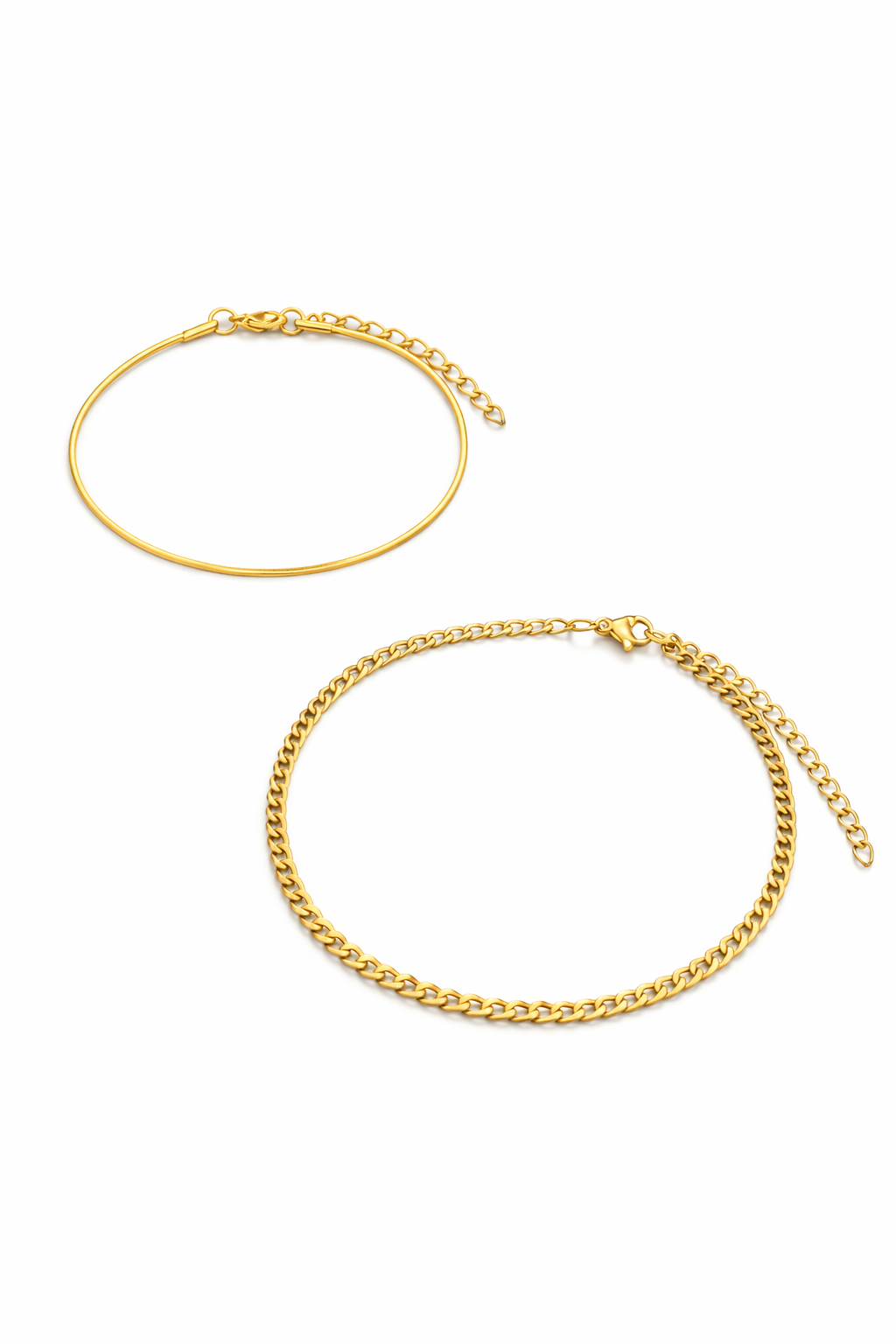 Two gold necklaces on a white background