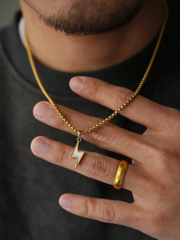 18K Gold Plated Stainless Steel Chain With Copper Plated Lightning Bolt Pendant Necklace